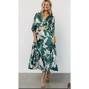 Baltic Born Silky Floral Midi Dress M Green White Cutout Boho Wedding Resort NWT